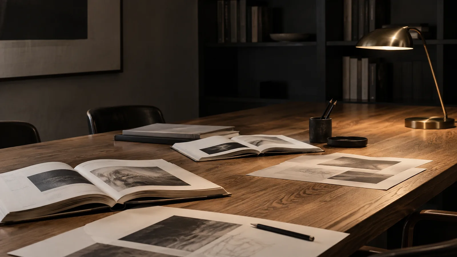A long wooden table with open books, printed pages and a desk lamp in a quiet office