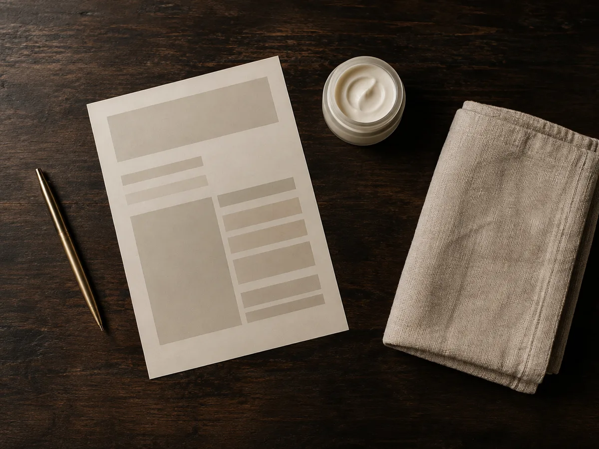 A printed care plan, a pen, a jar of cream and a linen towel on a dark wooden desk