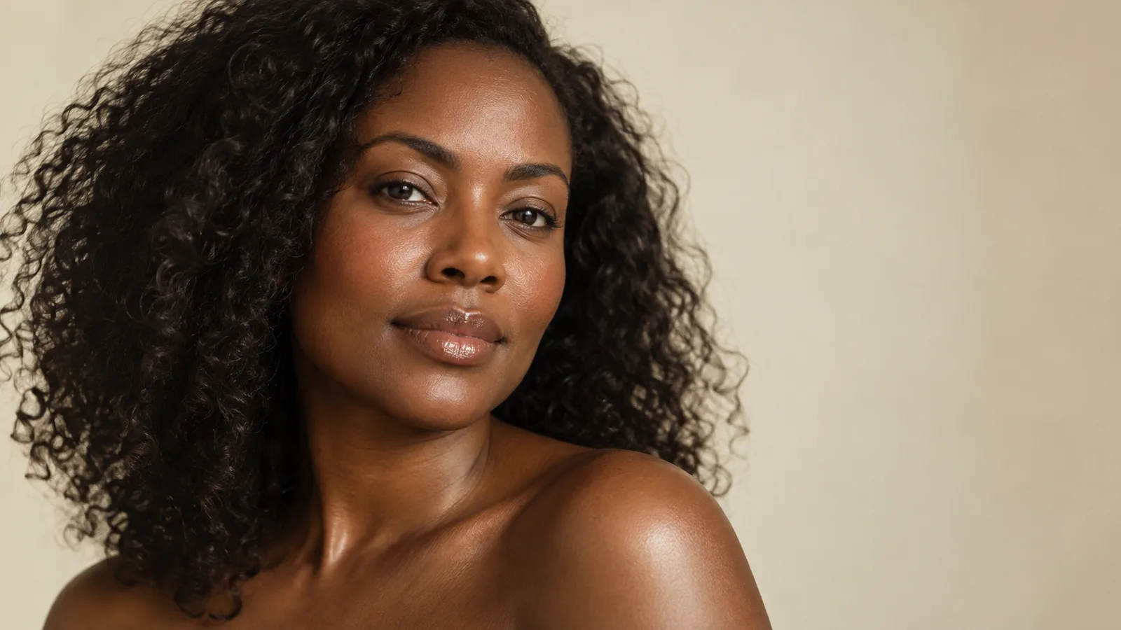 Portrait of a woman with deep brown skin and curly hair in soft window light