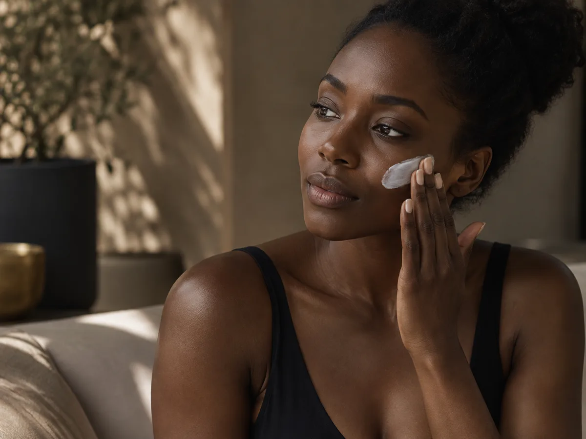 A woman with deep brown skin applies sunscreen to her cheek in dappled light