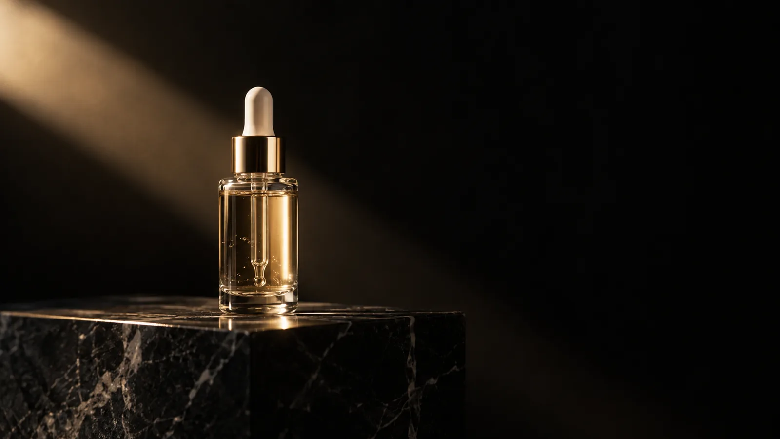 Glass dropper bottle of golden serum on a dark marble block in a light beam