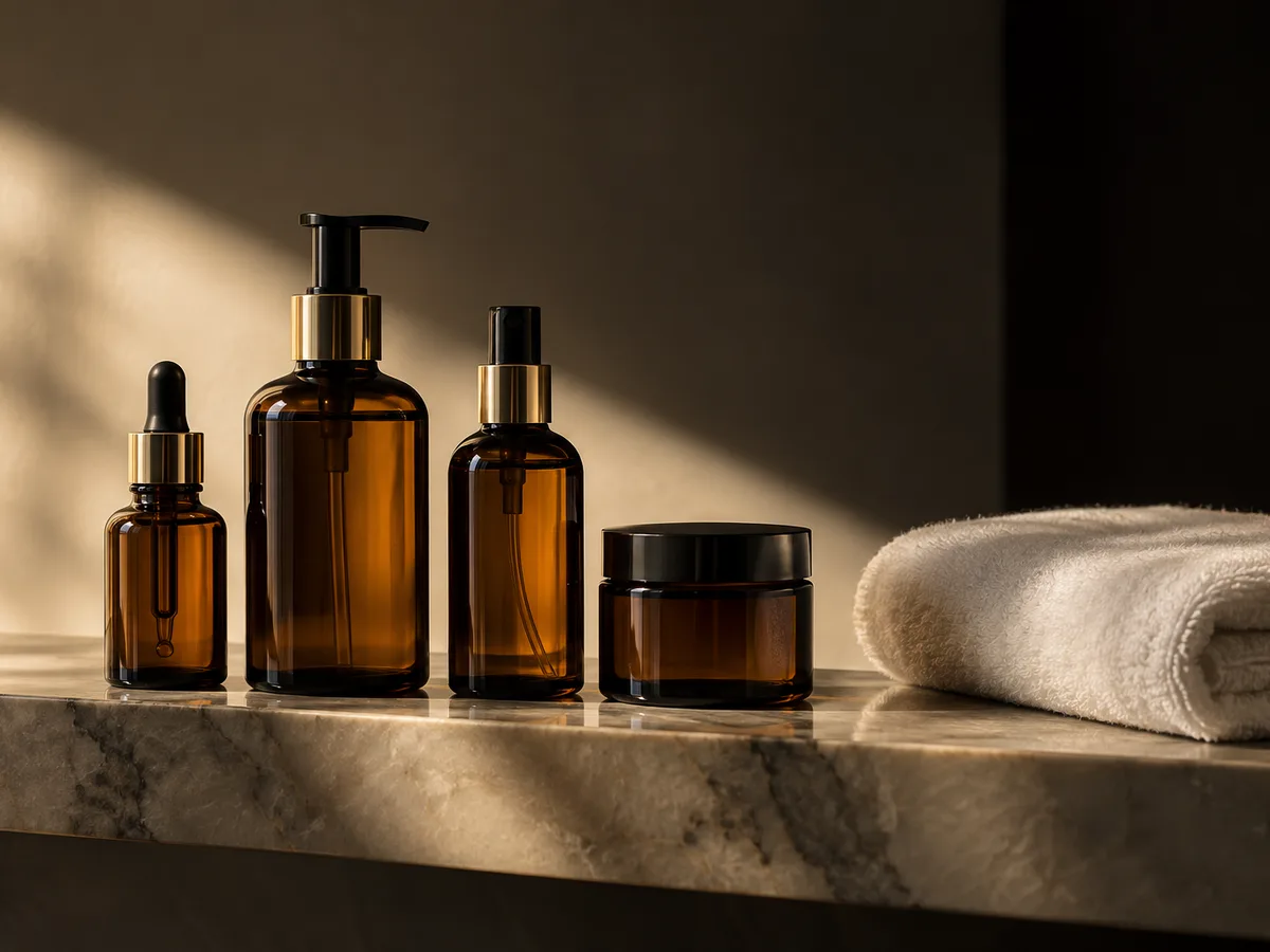 Amber glass skincare bottles and a folded white towel on a marble ledge in morning light