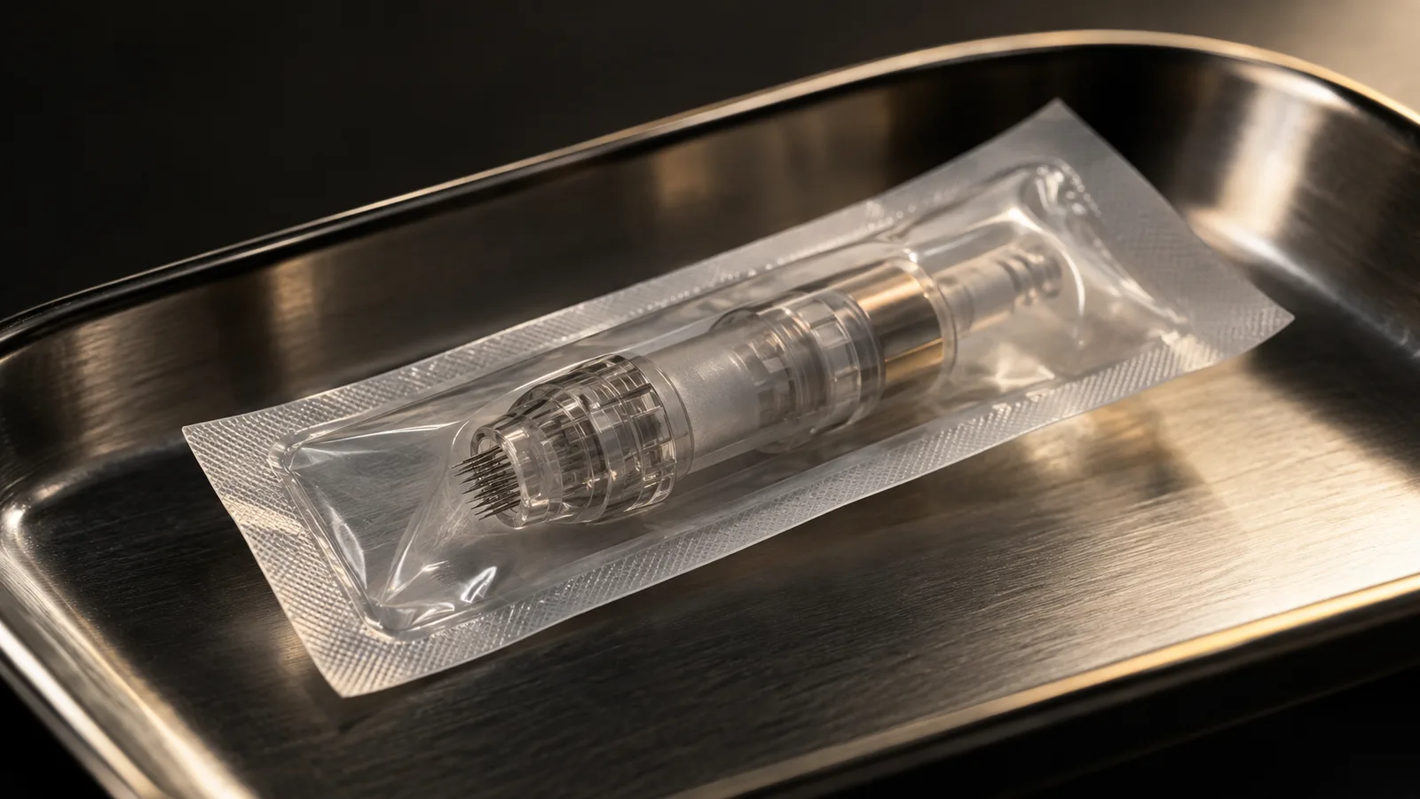 A sealed microneedling cartridge in sterile packaging on a stainless steel tray