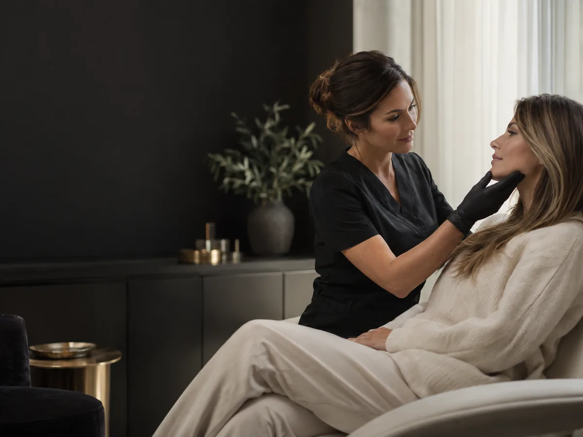 Woman in black gloves examines the jawline of a seated woman in a dim room