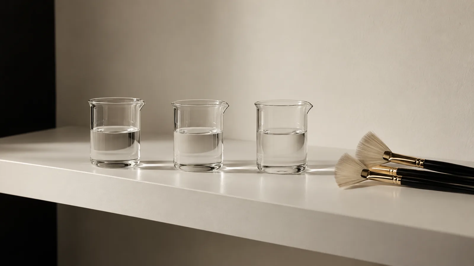 Three glass beakers of clear liquid and two fan brushes on a white shelf