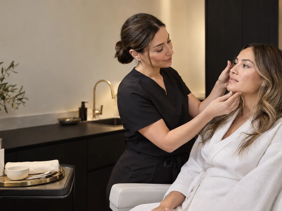 Woman in black scrubs touches the jaw of a seated woman in a white robe