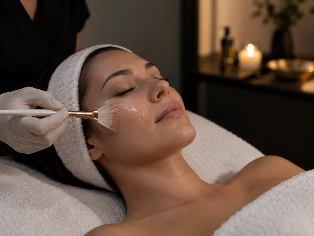 A gloved hand brushes clear liquid onto the cheek of a woman lying back with eyes closed