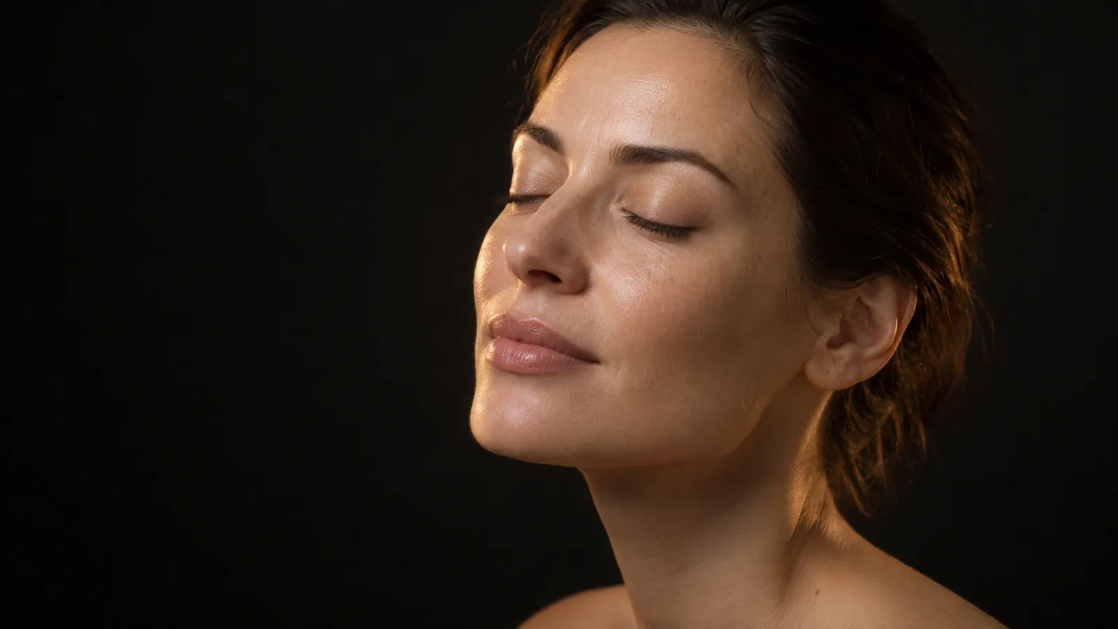 Woman with closed eyes and bare shoulders in warm light against a dark background