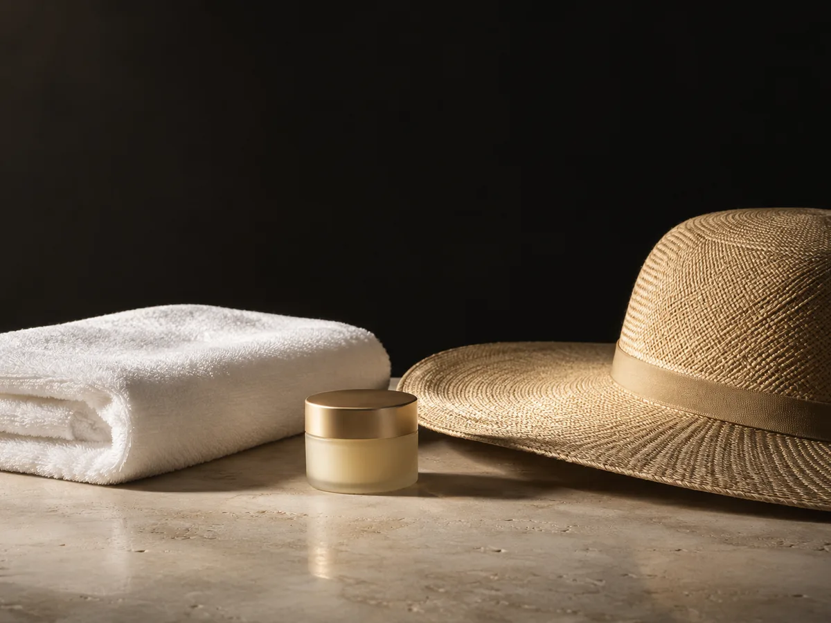 Folded white towel, small gold-lidded jar and straw sun hat on a stone surface