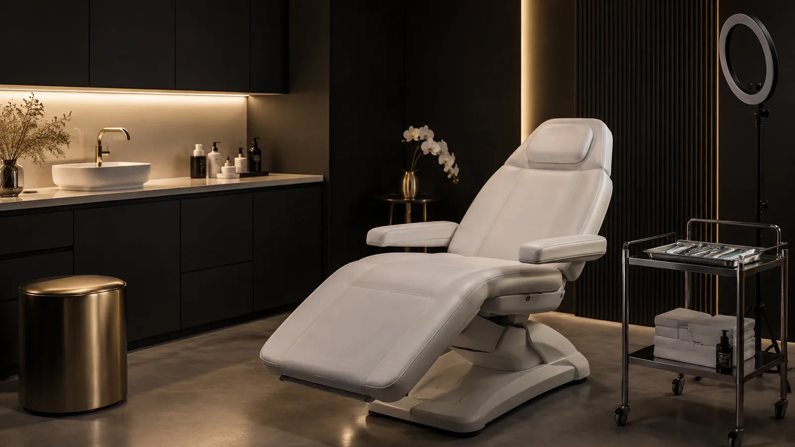 An empty treatment room with a reclined white chair and a steel instrument trolley
