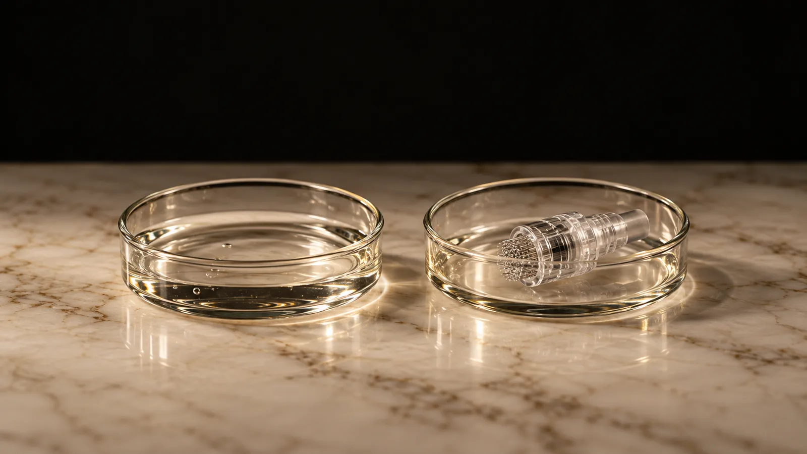 Two glass dishes on marble, one with clear liquid and one holding a small cartridge