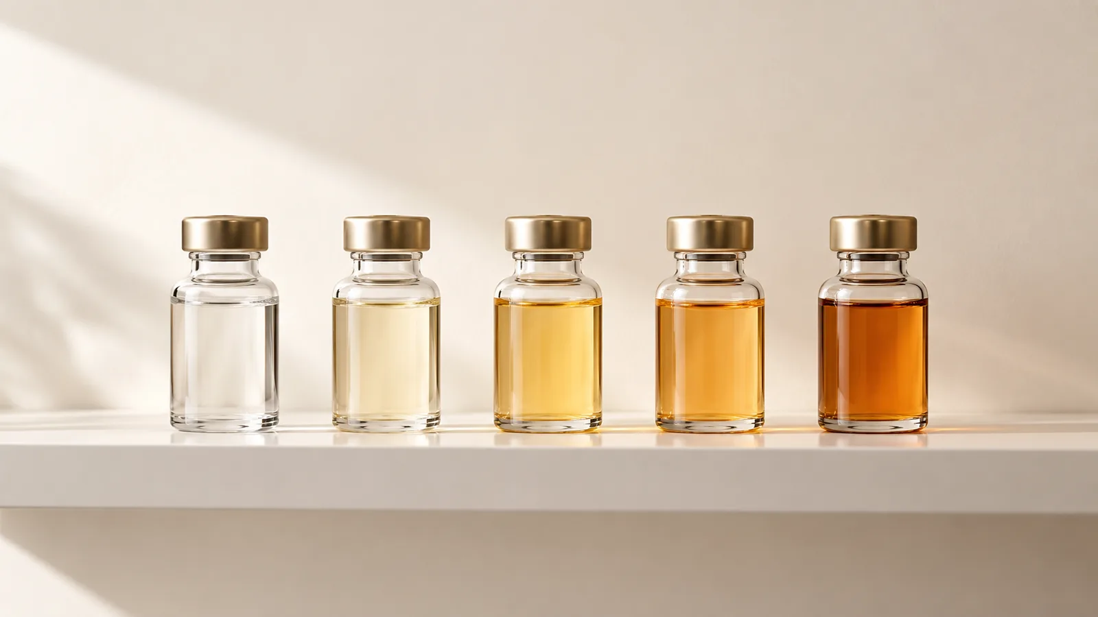 Five small bottles of liquid from clear to amber in a row on a white shelf