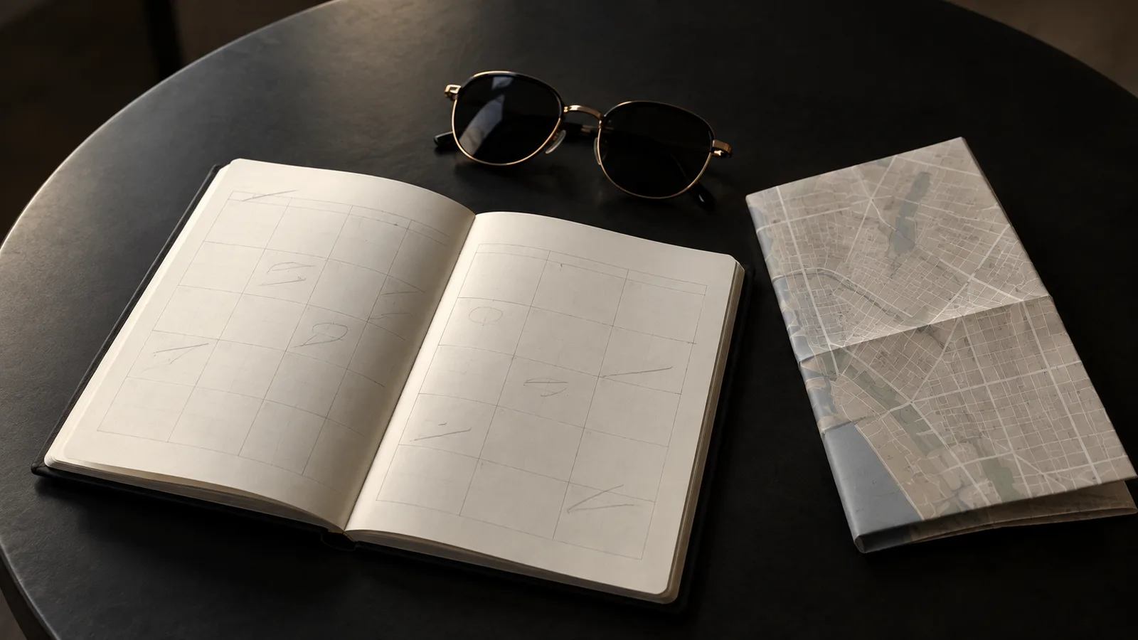An open planner, a folded map and sunglasses on a round café table