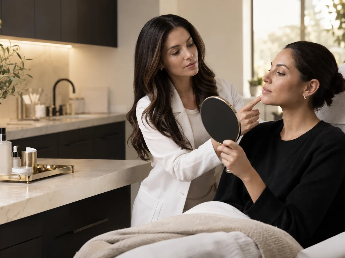 Woman in a white coat points to the chin of a seated woman holding a mirror