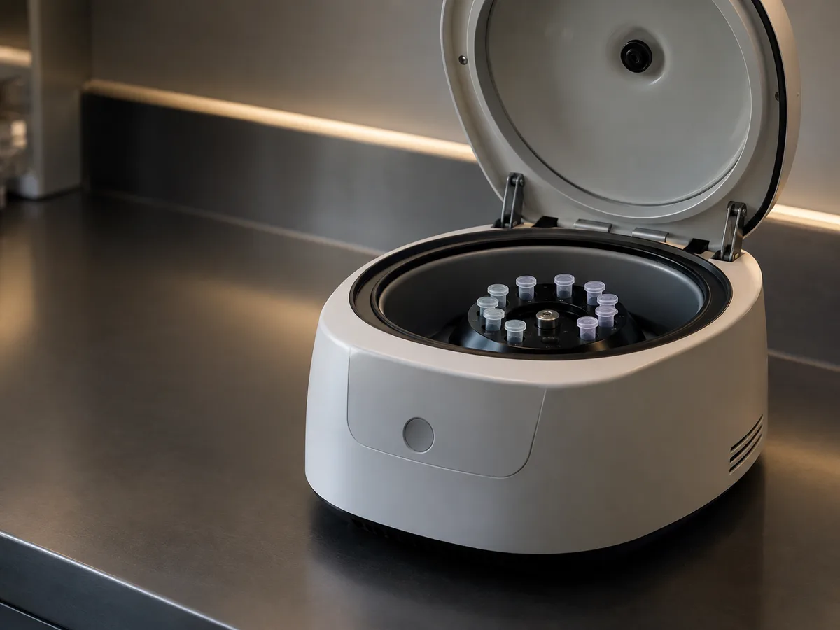 A laboratory centrifuge with its lid open showing small tubes in the rotor