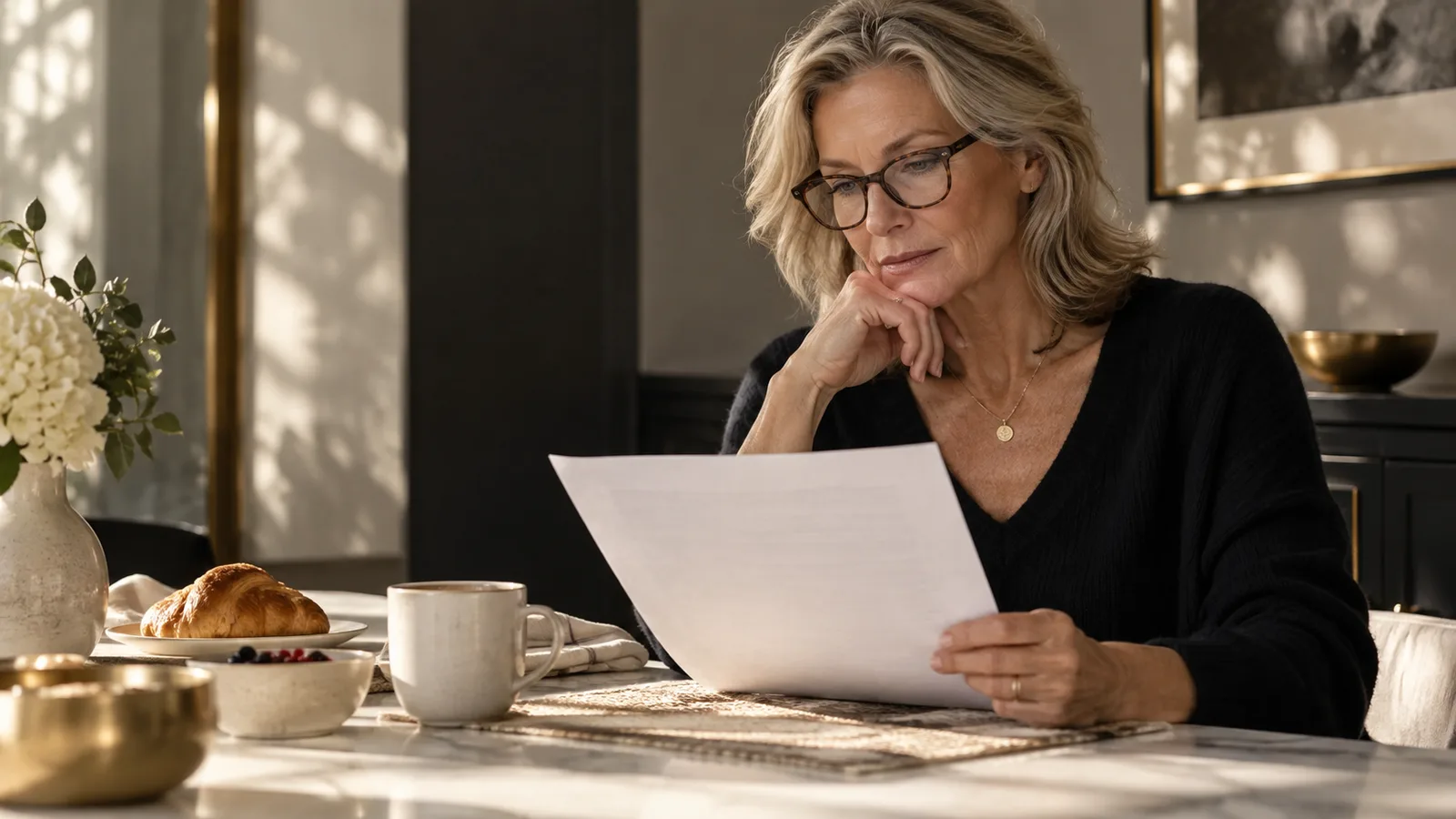 A woman in glasses reads printed pages at a sunny breakfast table