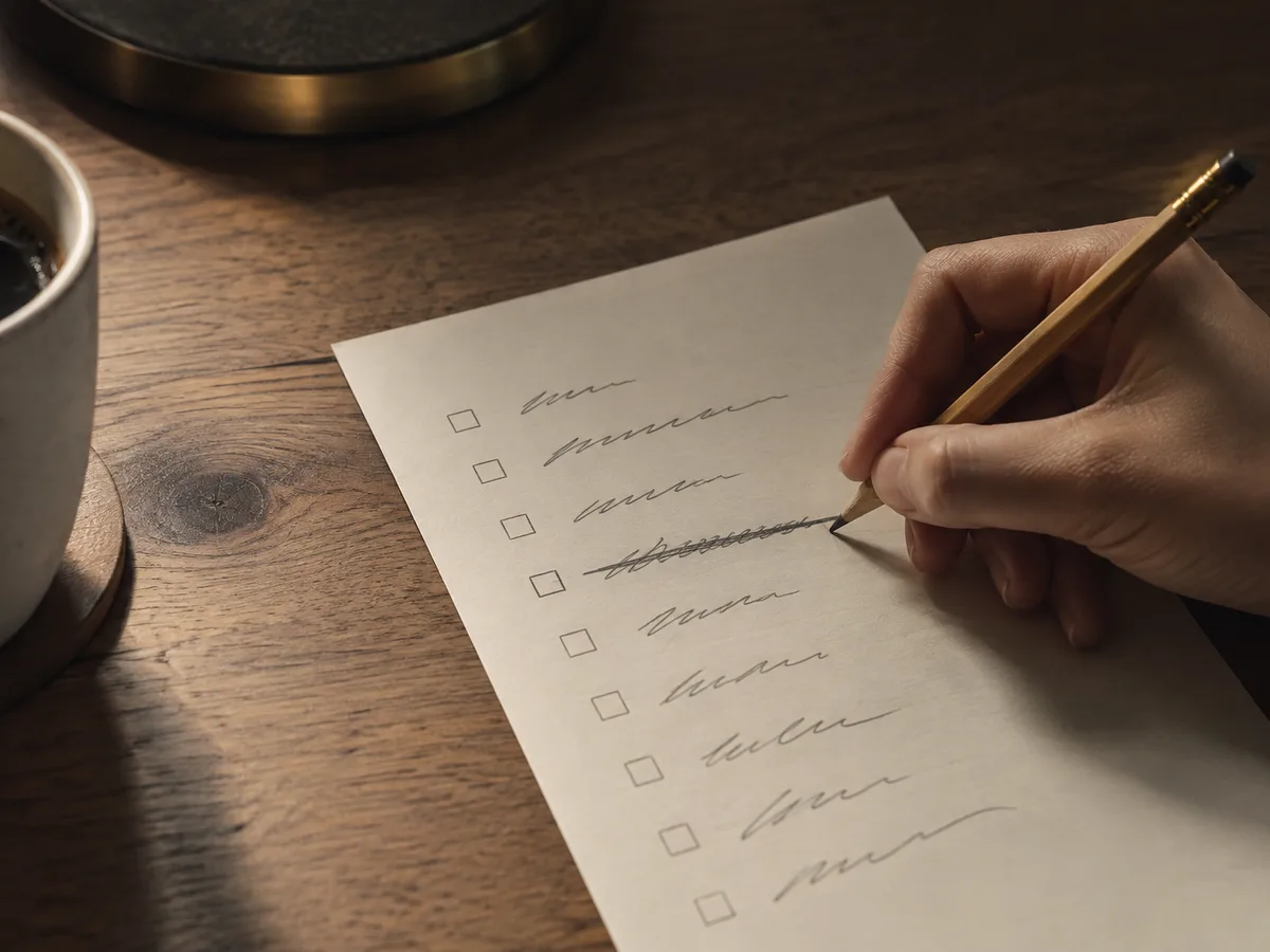 A hand writes on a printed checklist with a pencil on a wooden desk